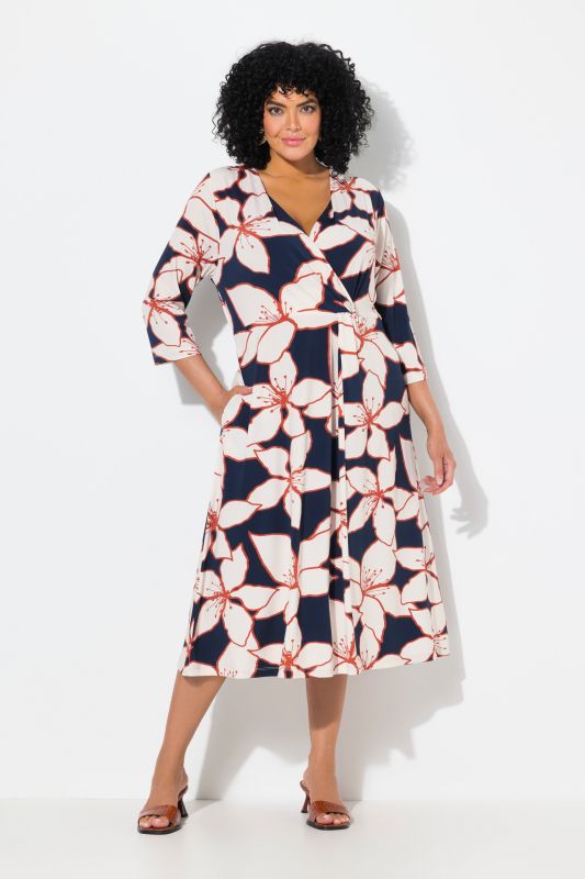 Flower Print 3/4 Sleeve Wrap Look Midi Dress
