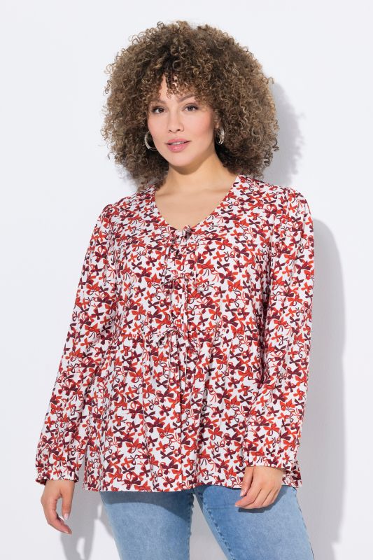 Bow Print Long Sleeve Ribbon-Tie Blouse