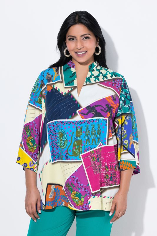 Postcard Print 3/4 Sleeve Blouse