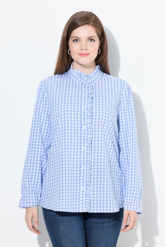 Checkered Button Down Ruffle Blouse