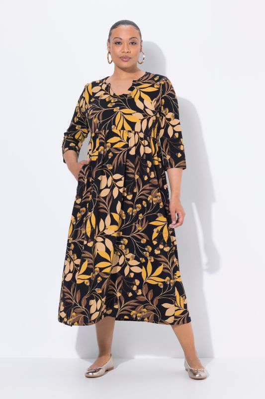 Leaf Print Empire Knit A-Line Pocket Dress