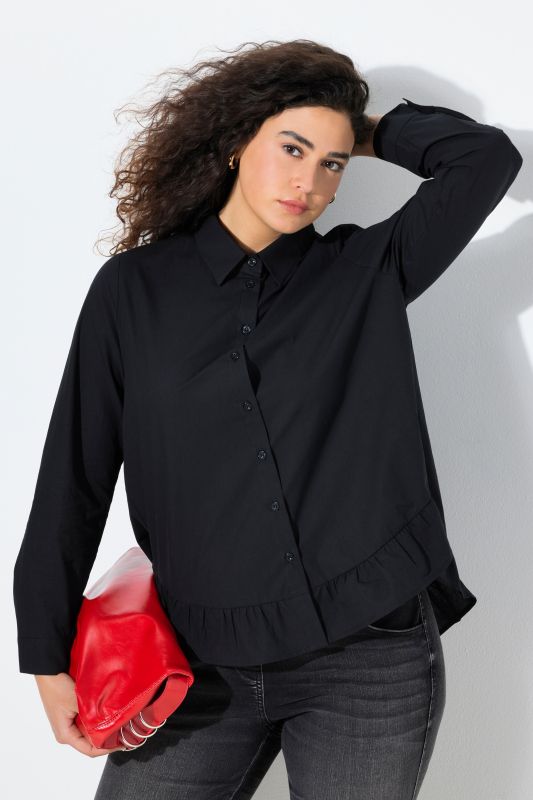 Flounce Hem Long Sleeve Button Down Blouse
