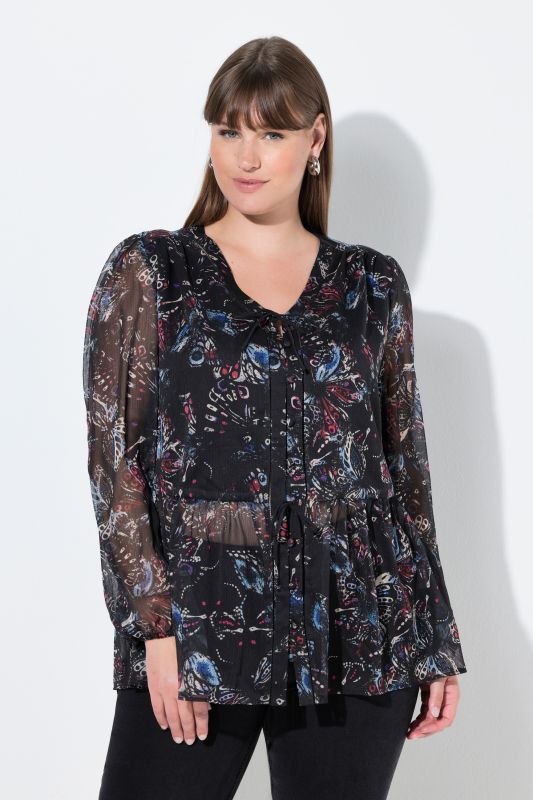 Colorful Butterfly Print Sheer Layered Blouse