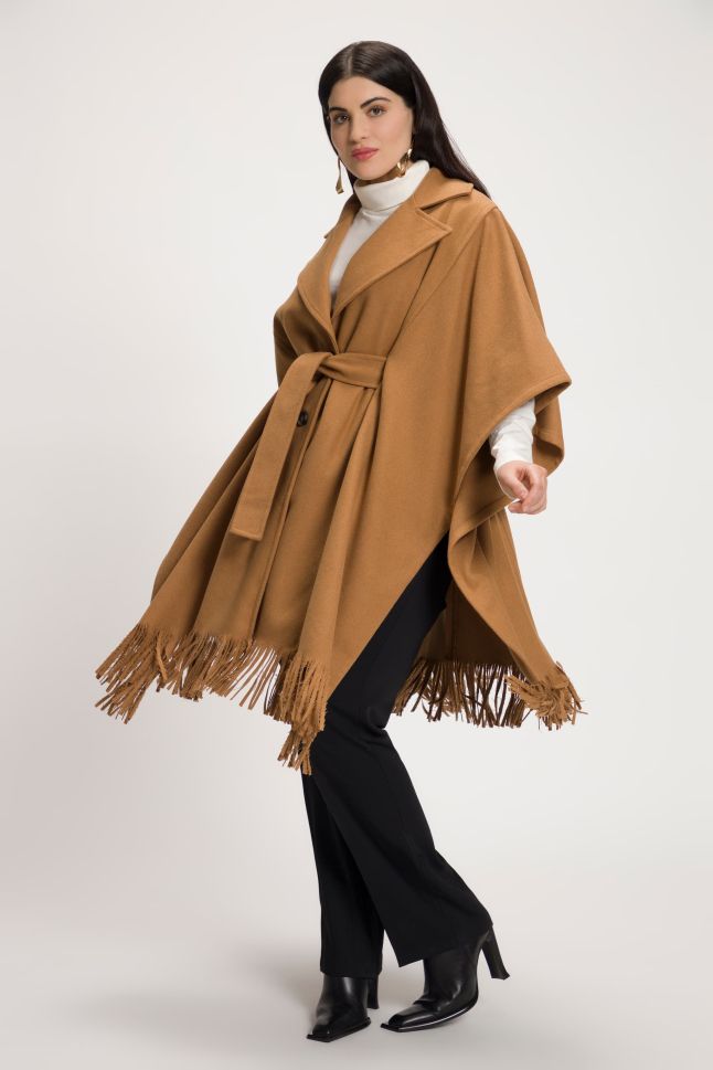 Belted Button Front Fringe Hem Poncho Coat