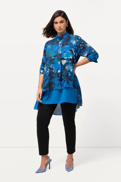 Tunic, leaves, A-line, stand-up collar, long sleeves