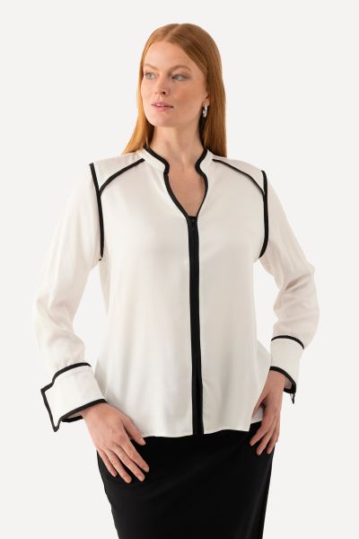 Contrast Piping Long Sleeve V-Neck Blouse