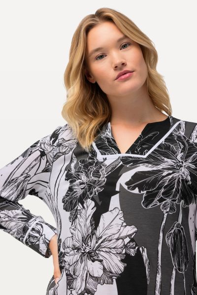 Split Neck Long Sleeve Floral Nightgown