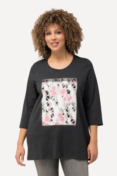 Shirt, flowers, A-line, round neck, 3/4 sleeves