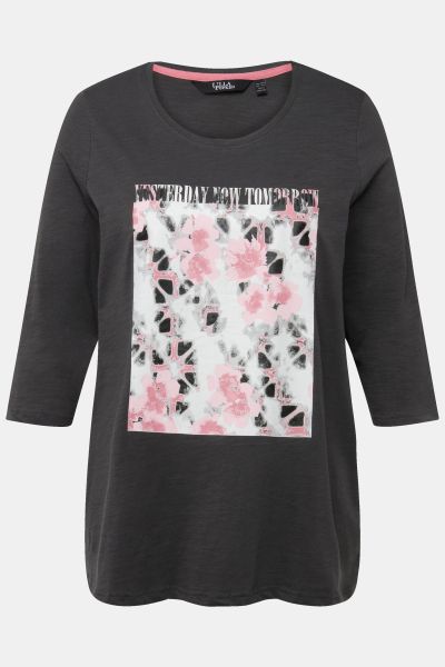 Shirt, flowers, A-line, round neck, 3/4 sleeves