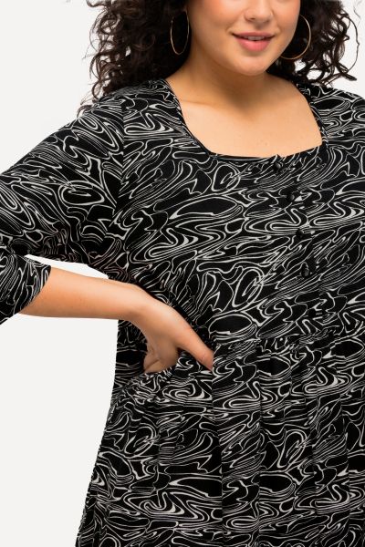 Square Neck Swirl Print Empire A-line Pocket Knit Dress