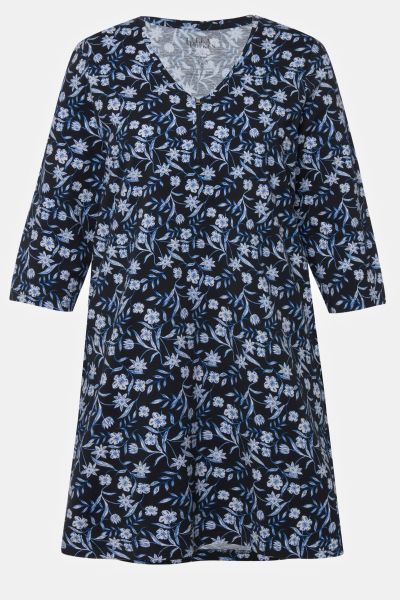 Blue Floral Notch Neck Print Knit Tunic