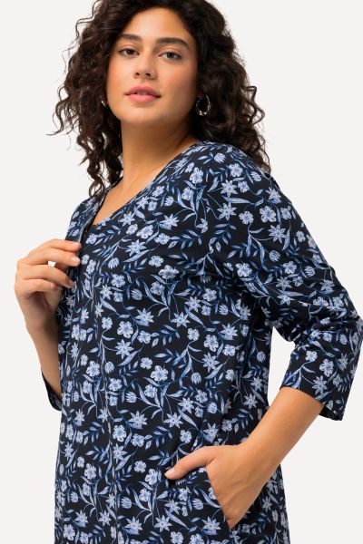 Blue Floral Notch Neck Print Knit Tunic