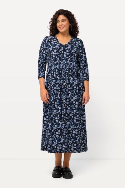Blue Floral Print Empire Knit A-line Pocket Dress