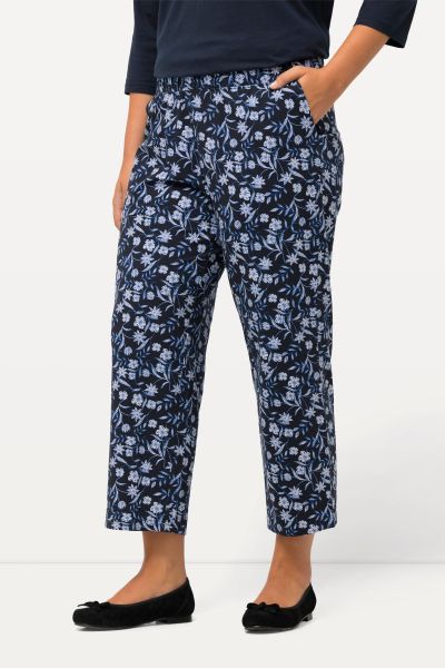 Blue Floral Cotton Knit Elastic Waist Pocket Pants
