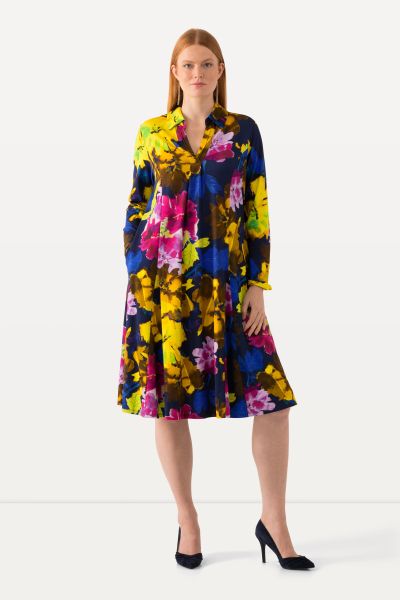 Neon Floral Flared Long Sleeve Dress