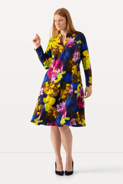 Neon Floral Flared Long Sleeve Dress
