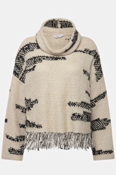 Turtleneck sweater, oversized, jacquard knit, fringed hem