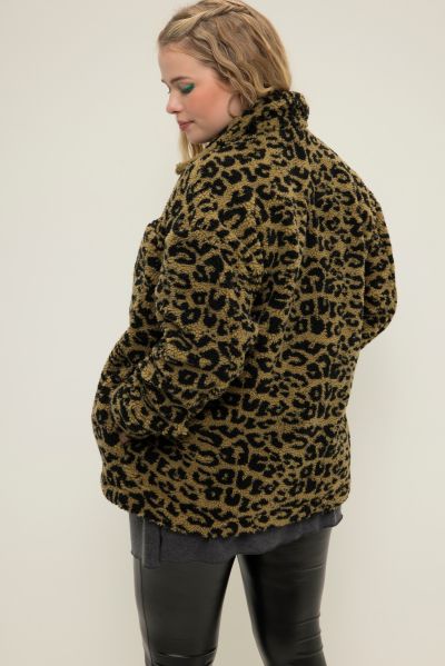 Teddy shirt jacket, teddy fleece, leopard print, shirt collar, zipper