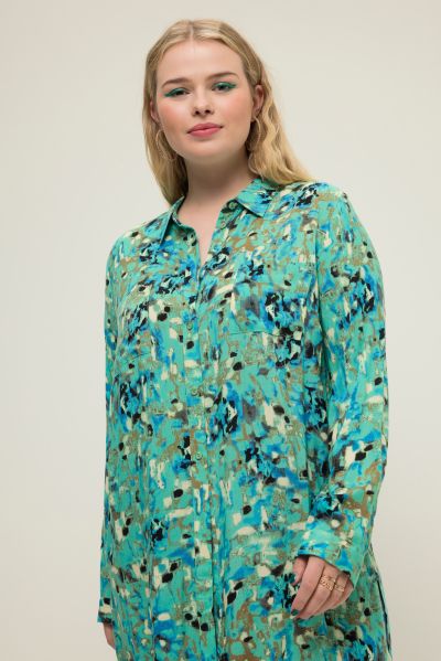 Shirt blouse, all-over print, long form, shirt collar, long sleeve