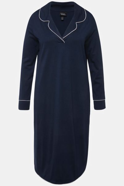Piped Accent Lapel Collar Cotton Blend Knit Nightgown
