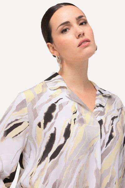 Marble Print 3/4 Sleeve Collared Blouse