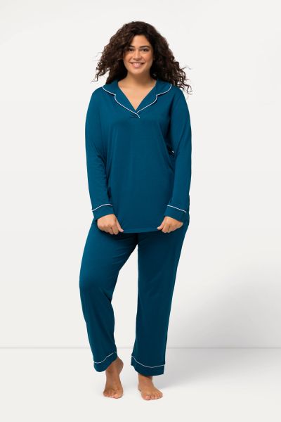 Contrast Piping Lapel Collar Pajama Set
