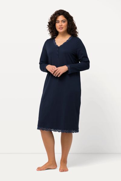Lace Trim Long Sleeve V-Neck Nightgown