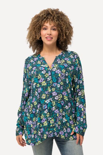Abstract Floral Print Long Sleeve V-Neck Blouse