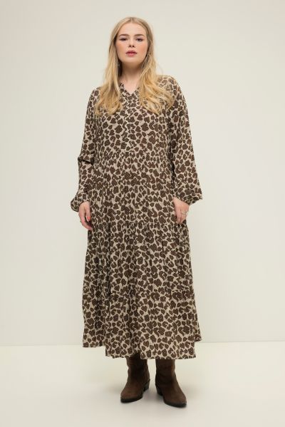 Leopard Print Tiered Long Sleeve Maxi Dress