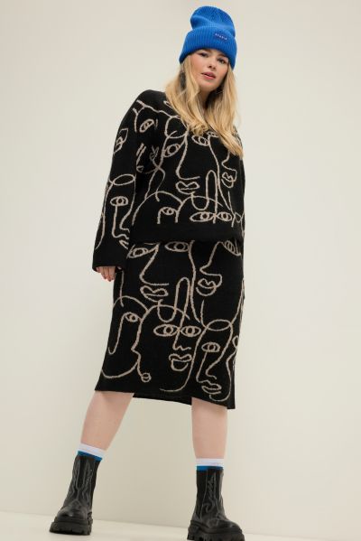 Knit Abstract Faces Midi Skirt