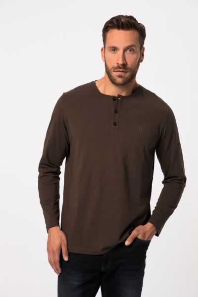 Henley, Basic, Top, Long-sleeve, Button placket, Up to 8XL