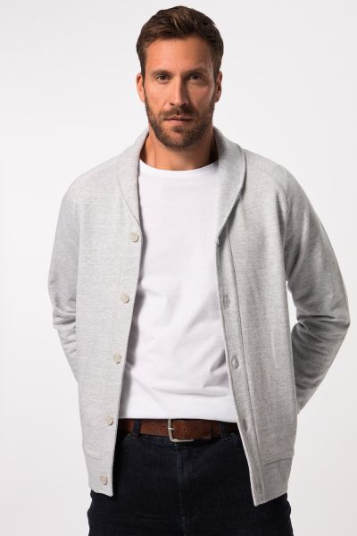 Sweat jacket, shawl collar, button placket, melange, 1/1