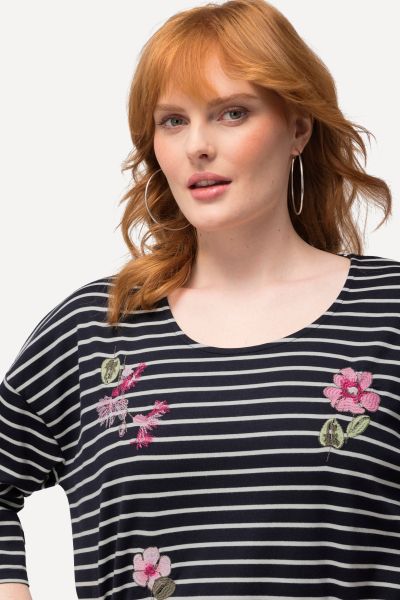 Floral Embroidery Stripe Stretch Tee