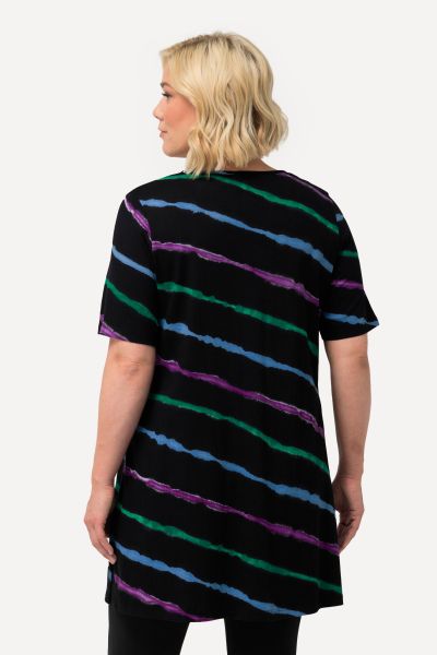 Tie Dye Print V-Neck Knit Short Sleeve A-line Tunic