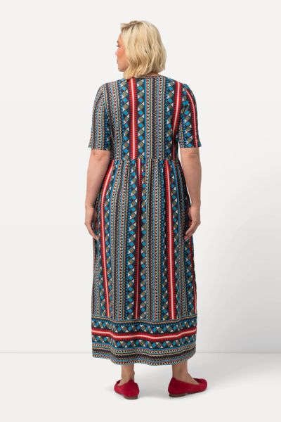 Border Stripe Mix Print Empire Knit Pocket Dress