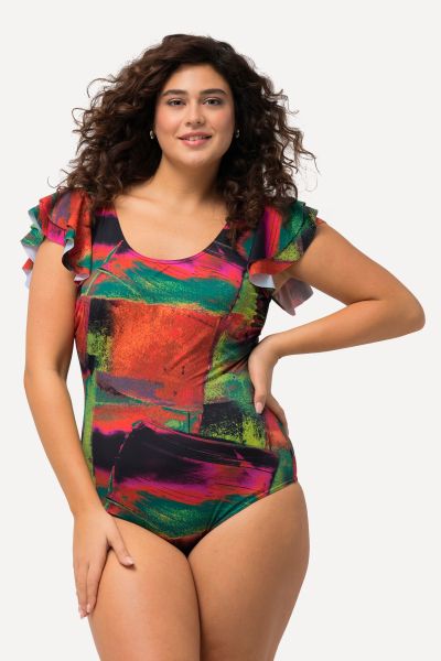 Abstract Flutter Sleeve SWimsuit