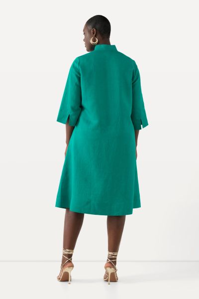 Linen Blend Flared 3/4 Sleeve Midi Dress