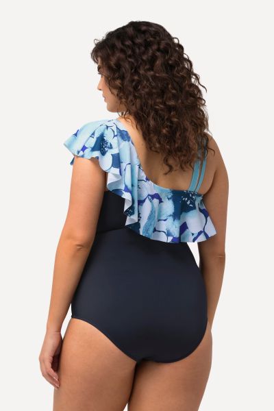 Asymmetric Ruffled Floral Swimsuit