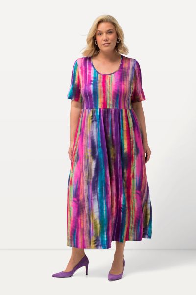 Pastel Stripe Print Empire Pocket Short Sleeve Knit Dress