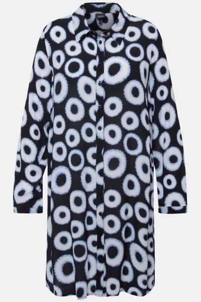 Circle Print Long Sleeve Button Down Duster Blouse