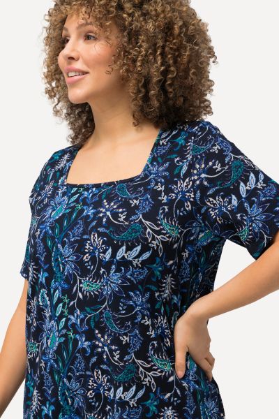 Square Neck Floral Knit Short Sleeve Tunic