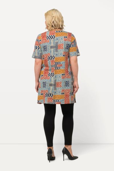Graphic Square Neck Short Sleeve A-line Knit Tunic