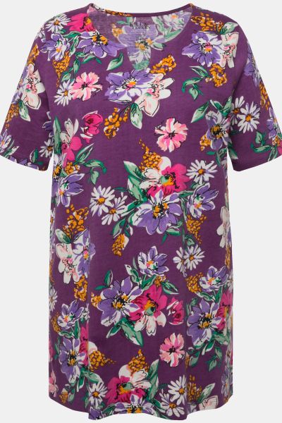 Floral Print Notch Neck Short Sleeve Knit Tunic