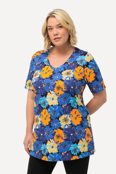 Abstract Floral Short Sleeve Swing Knit Tunic