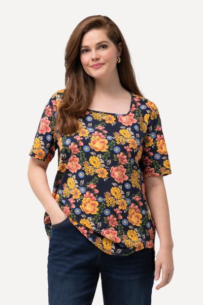 Square Neck Short Sleeve Floral Tee