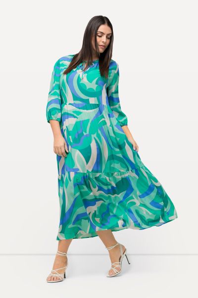 Wave Print 3/4 Sleeve Maxi Dress