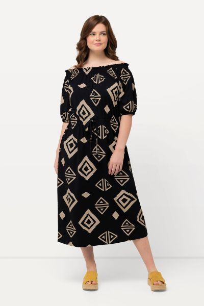 Uco Cotton Rhombus Print Carmen Neckline Dress