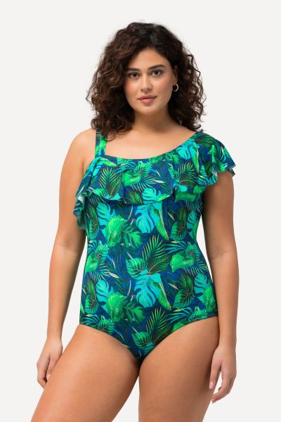 Jungle Leaf Print Asymmetric One Piece Swimsuit