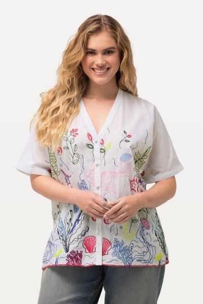 Under The Sea Short Sleeve Embroidered Blouse