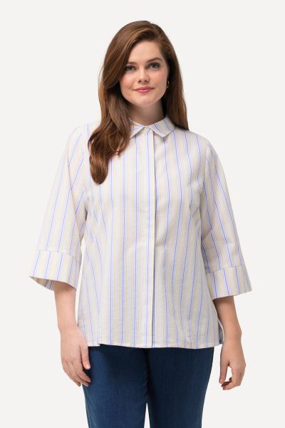 Striped Textured 3/4 Sleeve Button Down Blouse